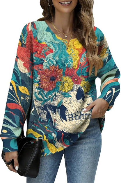Women's Cat Printed Sweater Oversized Cable Knit Long Sleeve Christmas Clothes Casual Autumn Winter Fashion Tops