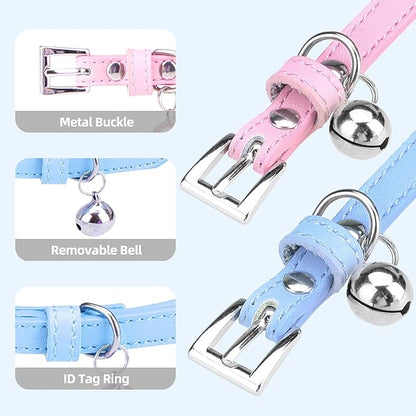 PUPTECK 2 PCS Soft Genuine Leather Cat Kitten Collar with Bells Adjustable for Girl Boy Cats Puppy - Pink, Blue