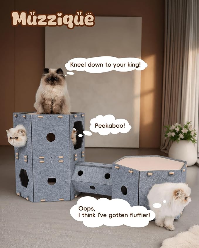 Large Cat House for Indoor Cats&Small Dogs, w/Hair Brush, DIY Expandable Felt Pet Tunnel Castle, Modular Multi Layer Kitten Nest, Peekaboo Kitty Cave, 3 Perch Puppy Bed Furniture, 3 Tier XL Platform