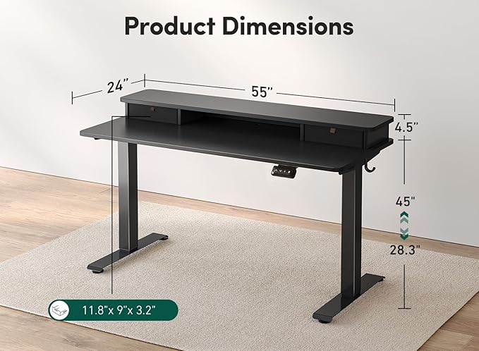 FEZIBO 55 x 24 Inch Height Adjustable Electric Standing Desk with Double Drawer, Stand Up Desk with Storage Shelf, Sit Stand Desk, Black