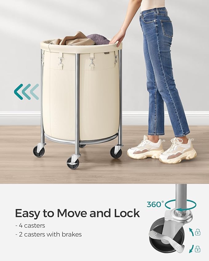 SONGMICS 29-Gallon (110 L) Laundry Basket with Wheels, Rolling Round Heavy-Duty Laundry Hamper Cart with Steel Frame and Removable Bag, 2 Locking Wheels, Cream White and Metallic Silver URLS002W01