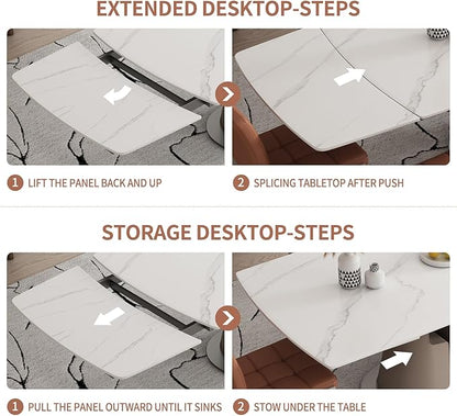Modern Dining Table, Seats 8-10, Extendable Sintered Stone Dining Table, White Top, Saddle Leather Pedestal Table, 90 in.（1Table