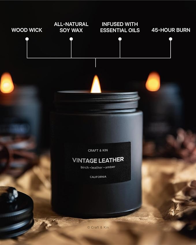 Craft & Kin Premium Vintage Leather Candle | Black Christmas Scented Candles for Men | Long Lasting with 45 Hour Burn Time, 7.6oz | Soy Holiday Candles | Aromatherapy at Home | Gifts for Men