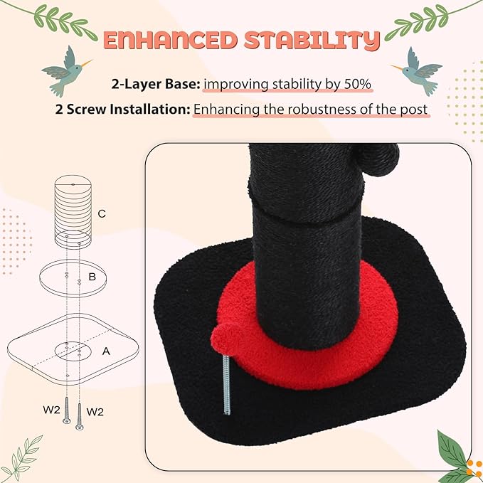 PEQULTI Flower Cat Scratching Post, Gothic Cat Tree, Tall Scratcher for Indoor Cats with Super Thick Scratching Post [Dia=5.5''], Removable Flower Bed, Cat Scratch Post with Spring Ball, Black