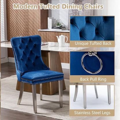 Goujxcy 7 Piece Glass Dining Table Set Modern Glass Dining Table Set for 6, 61" Rectangular Silver Kitchen Table and 6 Velvet Upholstered Chairs, Silver Table & Blue Chair