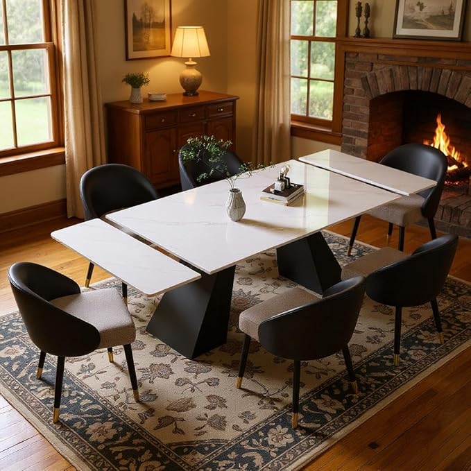 62.9" to 94" Modern Sintered Stone Luxury Rectangular Dining Table for 6-8 People, White Top with Black Base, Contemporary Style for Living Room