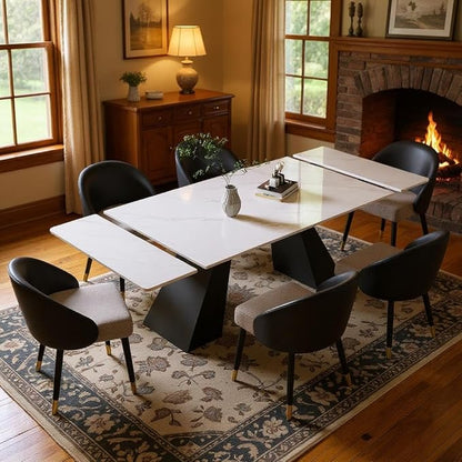 62.9" to 94" Modern Sintered Stone Luxury Rectangular Dining Table for 6-8 People, White Top with Black Base, Contemporary Style for Living Room