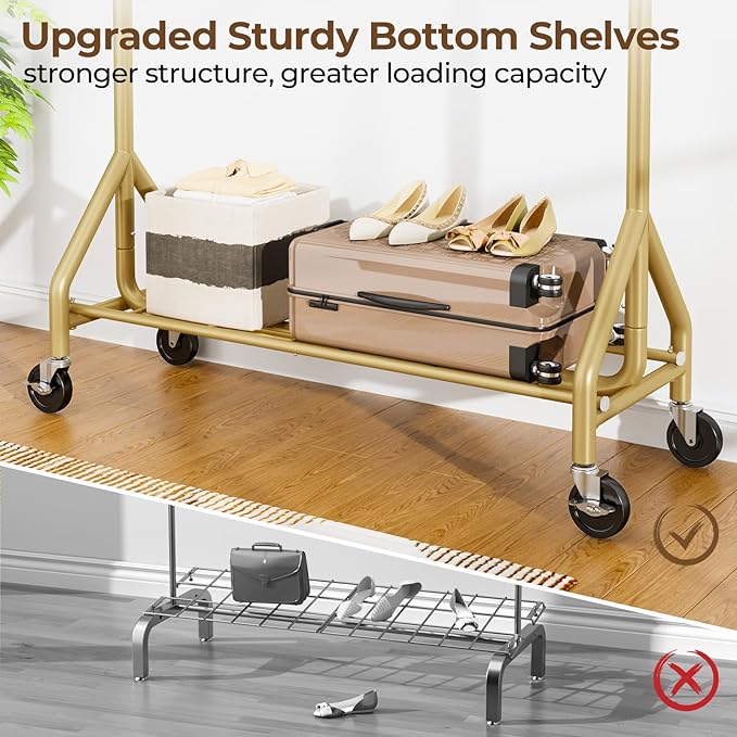Heavy Duty Clothes Rack Load 450 LBS, Metal Garment Rack, Standing Rolling Clothing Rack for Hanging Clothes with Sturdy Wheels & Shelves, Portable Closet Wardrobe Rack,Gold