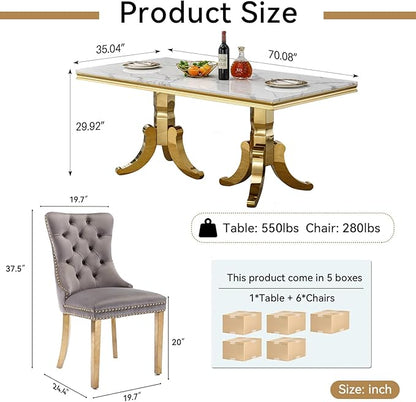 70" Faux Marble Dining Table Set for 6, 7-Piece Dining Set with White Gold Kitchen Table and 6 Velvet Tufted Chairs, Modern Rectangular Dining Room Table with American-Shape Stainless Steel Base