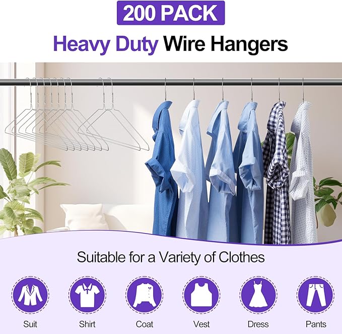 Wire Metal Hangers Bulk 200 Pack, Clothes Hangers Heavy Duty for Coats, Suits, Shirts, Pants, Skirts, Space Saving, Non Slip, Ultra Thin, 16 Inch, Silver