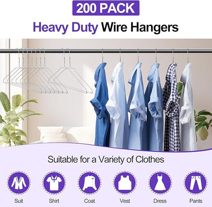 Wire Metal Hangers Bulk 200 Pack, Clothes Hangers Heavy Duty for Coats, Suits, Shirts, Pants, Skirts, Space Saving, Non Slip, Ultra Thin, 16 Inch, Silver