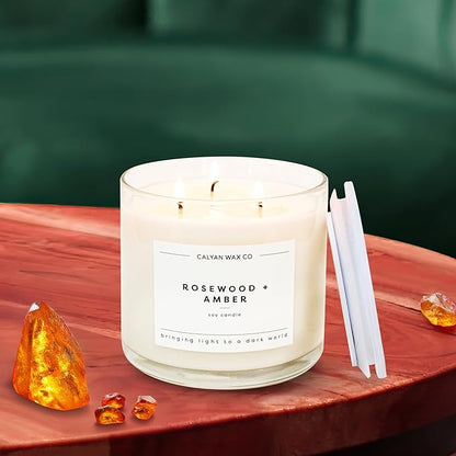 Calyan Wax Co. Rosewood & Amber 3 Wick Scented Candle - 43 Hour Burn - Luxury 3 Wick Soy Candles - Non Toxic Soy Wax Candles - Long Lasting Large Glass Jar Candle for Home - 14.9oz