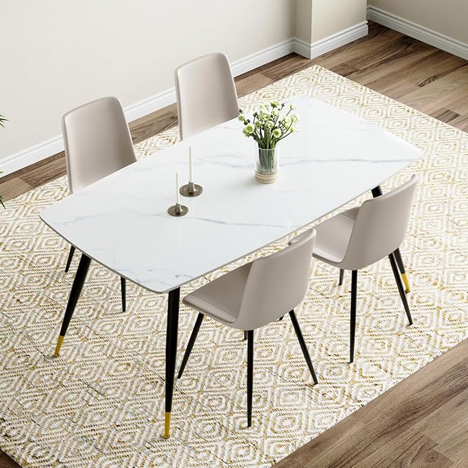 White Modern Dining Table Set for 4, 62'' Rectangular Sintered Stone Table with 4 Chairs