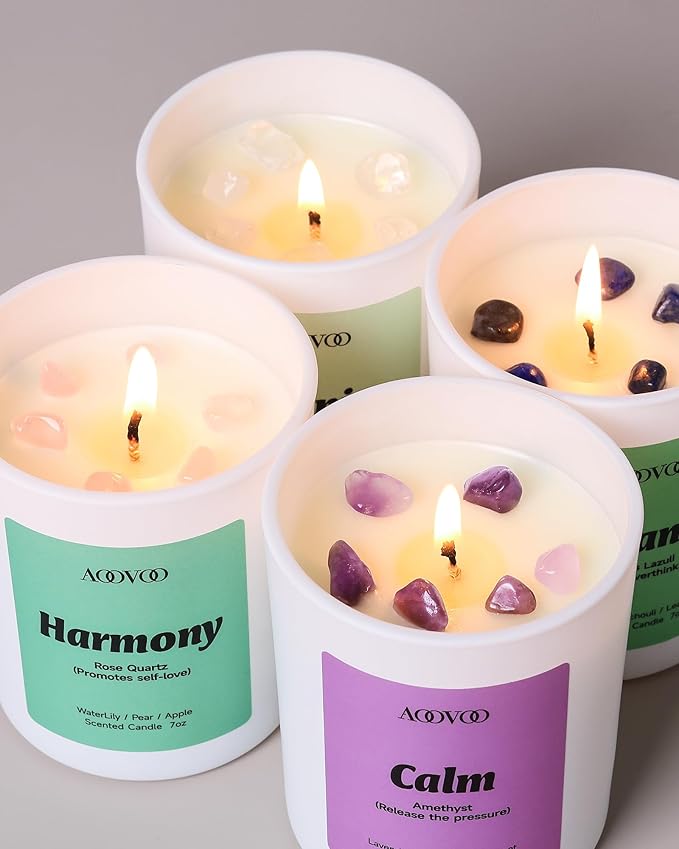 AOOVOO Calm Candles Set for Women - 4 Pack Candles for Home Scented, 28 oz 200 Hour Burn, Aromatherapy Candle with Crystals, Lavender Calm/Jasmine Serenity/Water Lily Pear Harmony/Patchouli Balance