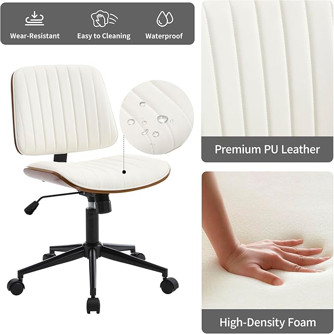 Small Home Office Chair - Armless Mid Back Desk Chair with 360° Swivel and Wheels, PU Upholstered Height Adjustable Modern Walnut Computer Chair for Home, Office Meeting Room - White