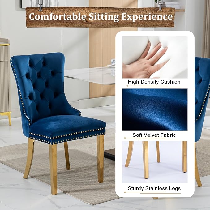 5 Piece Marble Dining Table Set for 4, Luxury White Marble Gold Kitchen Table with 4 Blue Velvet Upholstered Chairs, Modern 4 Person Dining Room Table Set for Kicken Dining Office Room