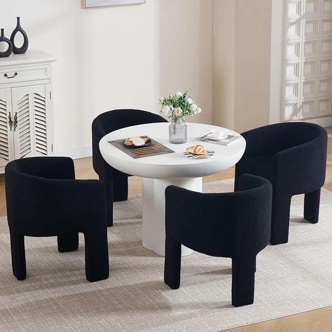 Modern Sherpa Barrel Dining Chairs Set of 4, Upholstered Boucle Accent Chairs With Arms, Comfy Makeup Vanity Seating for Dining, Living Room, Kitchen - Black