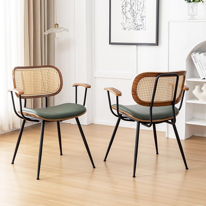 Rattan Dining Room Chairs Set of 2,Mid Century Modern Kitchen Side Chairs,Metal Legs Desk Chair,Faux Leather Accent Chair with Arms and Rattan Backrest Green PU