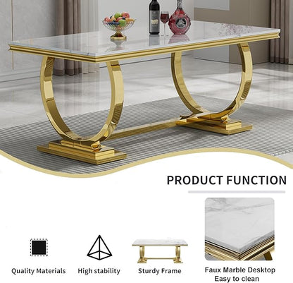 7 Piece Marble Dining Table Set for 6, Luxury White Marble Gold Kitchen Table with 6 Grey Velvet Upholstered Chairs, Modern 6 Person Dining Room Table Set for Kicken Dining Office Room