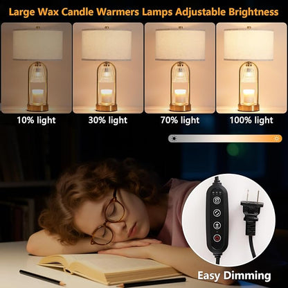 Plug in Gold Candle Warmer Lamp with Timer Dimmable, Wax Melts Candle Warmer with Beige Fabric Shade Lamp, Gold Table Lamp for Bedroom,Mothers, Gifts,Scented Jar, Include 3 Bulb