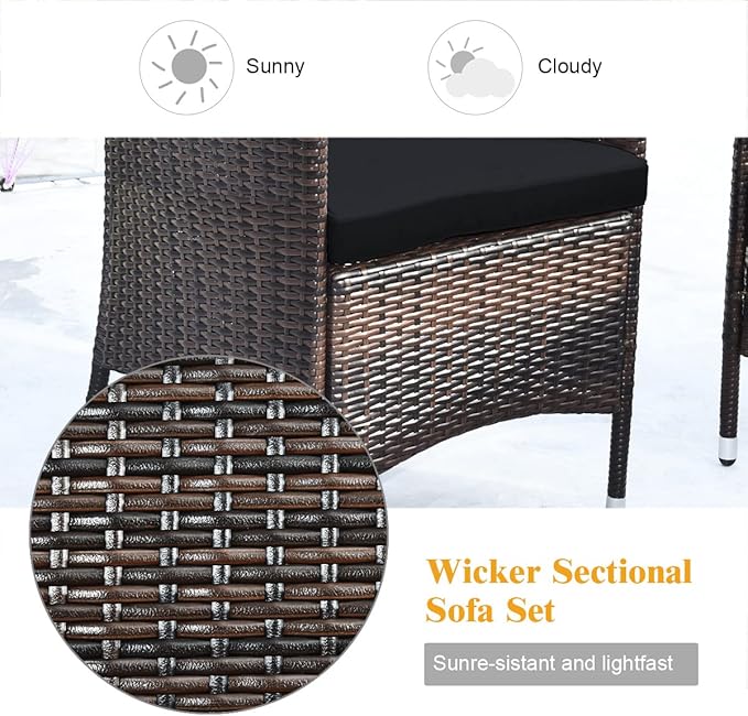 Goplus 4-Piece Rattan Patio Set, Outdoor/Indoor Wicker Conversation Set for Pool, Backyard, Lawn, Wicker Chairs and Sofa with Soft Cushion, Rattan Furniture with Tempered Glass Coffee Table