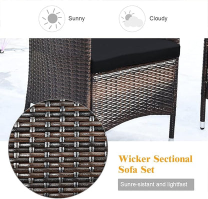 Goplus 4-Piece Rattan Patio Set, Outdoor/Indoor Wicker Conversation Set for Pool, Backyard, Lawn, Wicker Chairs and Sofa with Soft Cushion, Rattan Furniture with Tempered Glass Coffee Table