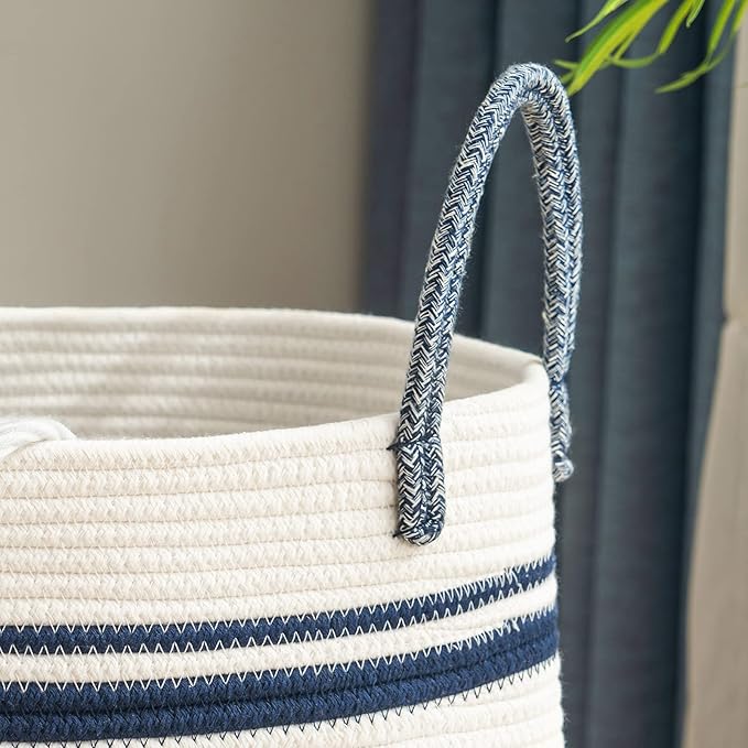 Woven Rope Laundry Hamper Basket by YOUDENOVA, 58L Tall Luandry Basket, Baby Nursery Hamper for Blanket Storage in Bedroom-Large-Blue