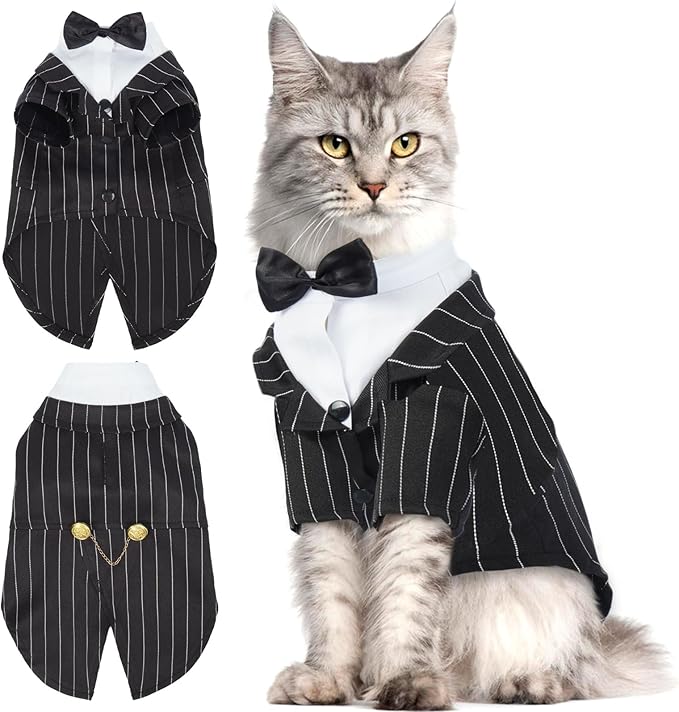 QBLEEV Cat Tuxedo Suit, Sphynx Cat Suit with Bow Tie, Cat Halloween Costumes, Kitten Formal Attire Wedding Birthday Onesie Clothes for Male Female Hairless Cats