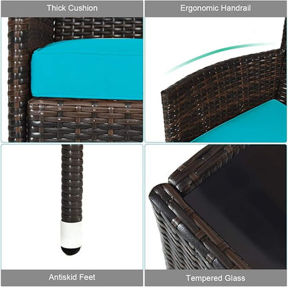 Tangkula 4 Pieces Patio Rattan Conversation Set with Tempered Glass Coffee Table & Thick Cushion, Wicker Chair Set for Garden, Lawn, Poolside and Backyard