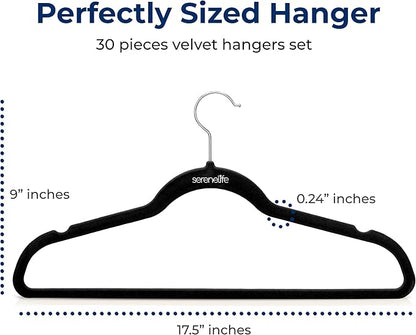 SereneLife 30 Pack Velvet Hangers – Non-Slip Clothes Hangers with Heavy Duty Design, Slim Space-Saving Coat Hangers with 360° Swivel Hook, Strong Lightweight Closet Organizer Set for Clothes (Black)