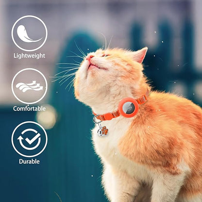 PUPTECK Airtag Cat Collar Breakaway 2 Pack with Bells, Reflective Kitten Collar with Air Tag Holder for Boy Girl Kitty and Puppies, Soft, Orange & Purple