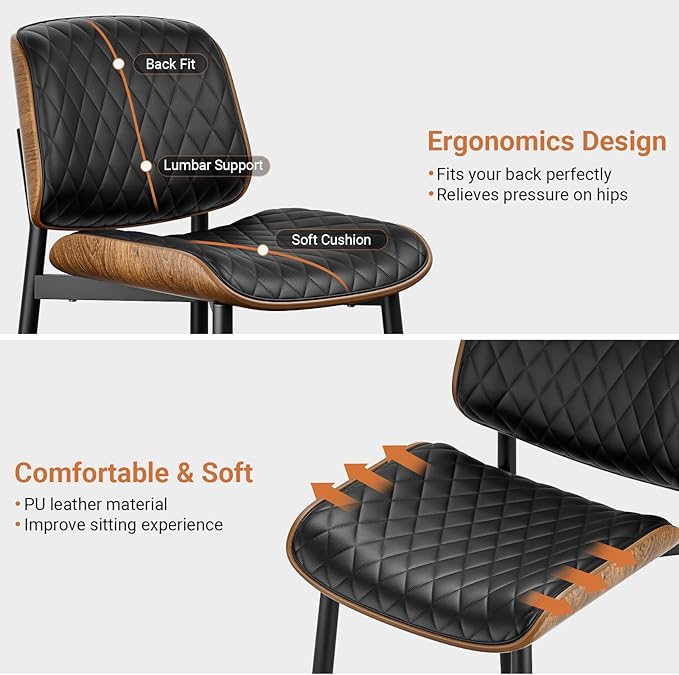 Dining Chairs Set of 2, FSC Certified Mid Century Modern Accent Dining Room and Kitchen Chairs, Upholstered PU Leather Diamond Check Chairs with Walnut Bentwood and Metal Legs, Black