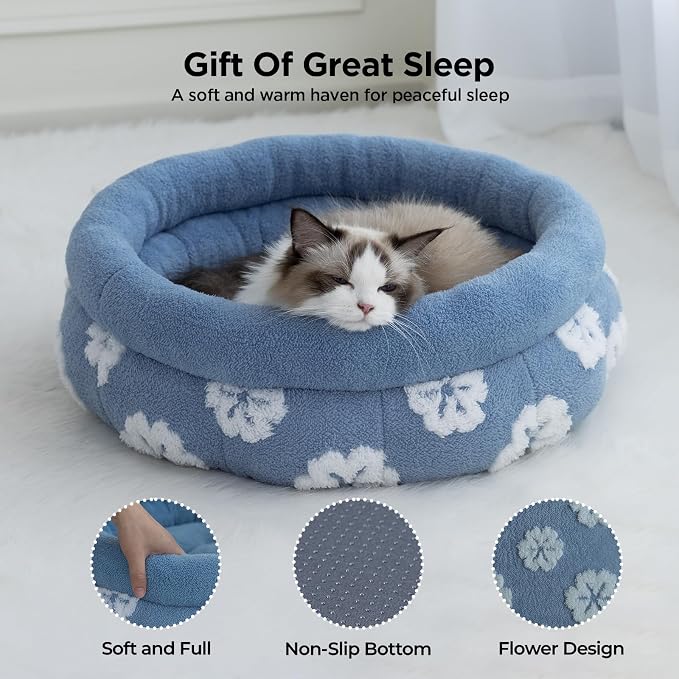 BALANCE Cat Beds for Indoor Cats, Washable Round Cat Bed, Cute 3D Flower Kitten Bed with Anti-Slip Bottom for Puppy and Kitten, 20 Inches, Blue