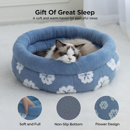 BALANCE Cat Beds for Indoor Cats, Washable Round Cat Bed, Cute 3D Flower Kitten Bed with Anti-Slip Bottom for Puppy and Kitten, 20 Inches, Blue