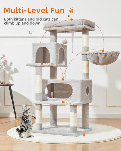 Taoqimiao Cat Tree,49-Inch Cat Tower for Indoor Cats,2 Luxurious cat condo with Adjustable Large Hanging Baskets and Large Luxurious Perch Light Gray MS029LW