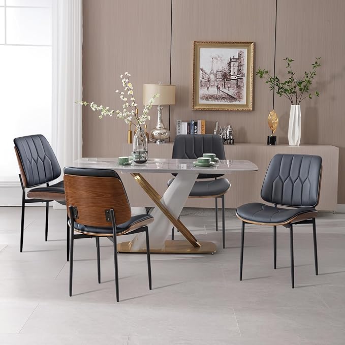 BV Mid Century Modern Dining Chairs Set of 6, Upholstered Pu Leather Armless Accent Chair with Walnut Bentwood Back, Retro Kitchen Chair for Dining Room, Living Room, Kitchen, Black