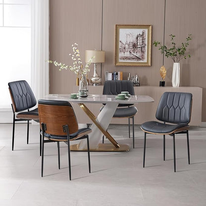 BV Mid Century Modern Dining Chairs Set of 4, Upholstered Pu Leather Armless Accent Chair with Walnut Bentwood Back, Retro Kitchen Chair for Dining Room, Living Room, Kitchen, Black