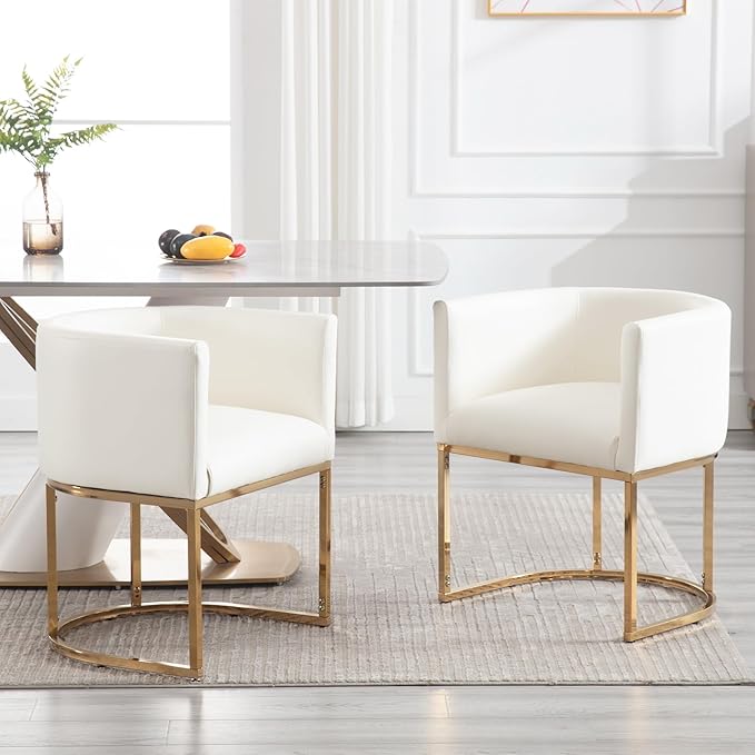 Faux Leather Dining Chairs Set of 2 Modern Barrel Arm Chairs with Golden Metal Frame, Upholstered Kitchen Chairs 18.5" Wide Accent Chairs for Living Room Dining Room Restaurant, White