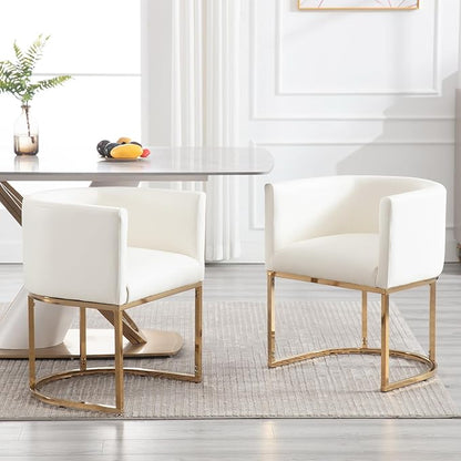 Faux Leather Dining Chairs Set of 2 Modern Barrel Arm Chairs with Golden Metal Frame, Upholstered Kitchen Chairs 18.5" Wide Accent Chairs for Living Room Dining Room Restaurant, White