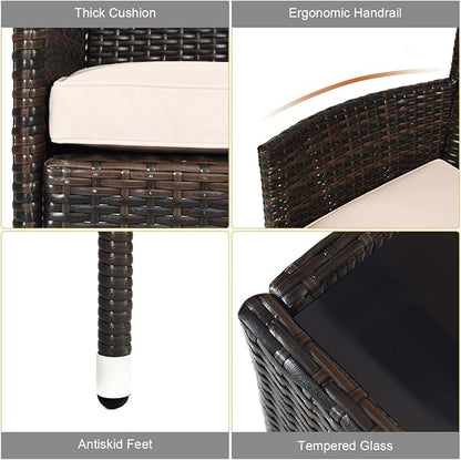 Tangkula 8 PCS Patio Rattan Conversation Set, Outdoor Wicker Furniture Set with Tempered Glass Coffee Table &Thick Cushion, Rattan Chair Wicker Set for Garden, Lawn, Poolside and Backyard (2, Brown)