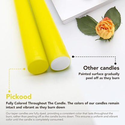 New Burning Formula Unscented Dripless 10-Inch Taper Candles Set of 12 - Yellow, for Wedding, Dinner - Smokeless, Long Burning - Hand Poured, Colored Tall Candlesticks - Amarillo