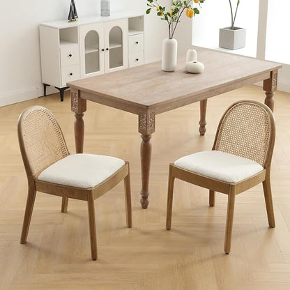 HEAH-YO Rattan Dining Chairs Set of 2, Upholstered Sherpa Dining Room Chairs with Backrests, Modern Kitchen Chairs with Wood Legs for Dining Room, White