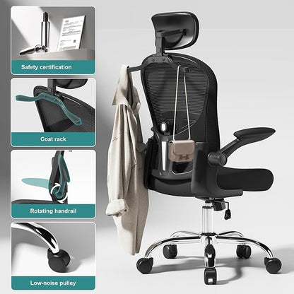 Ergonomic Office Chair High Back with Adjustable Lumbar Support, Mesh Computer Chair with Headrest and Flip-Up Arms for Executive, 90-120° Tilt Lock Swivel Rolling Task Chairs(Black)
