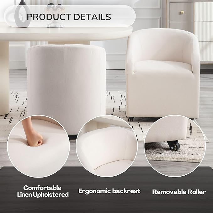 White Barrel Dining Chairs Set of 2, Modern Swivel Barrel Chairs with Wheels Casters Arms Back Comfy Linen Beige Upholstered Rolling Dining Chairs for Living Room Kitchen Bedroom