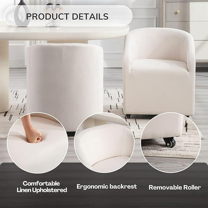 White Barrel Dining Chairs Set of 2, Modern Swivel Barrel Chairs with Wheels Casters Arms Back Comfy Linen Beige Upholstered Rolling Dining Chairs for Living Room Kitchen Bedroom