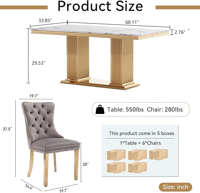 68" Faux Marble Dining Table Set for 6, 7-Piece Dining Set with White Gold Kitchen Table and 6 Velvet Tufted Chairs, Modern Rectangular Dining Room Tables with Column-Shape Stainless Steel Base