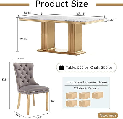 68" Faux Marble Dining Table Set for 6, 7-Piece Dining Set with White Gold Kitchen Table and 6 Velvet Tufted Chairs, Modern Rectangular Dining Room Tables with Column-Shape Stainless Steel Base