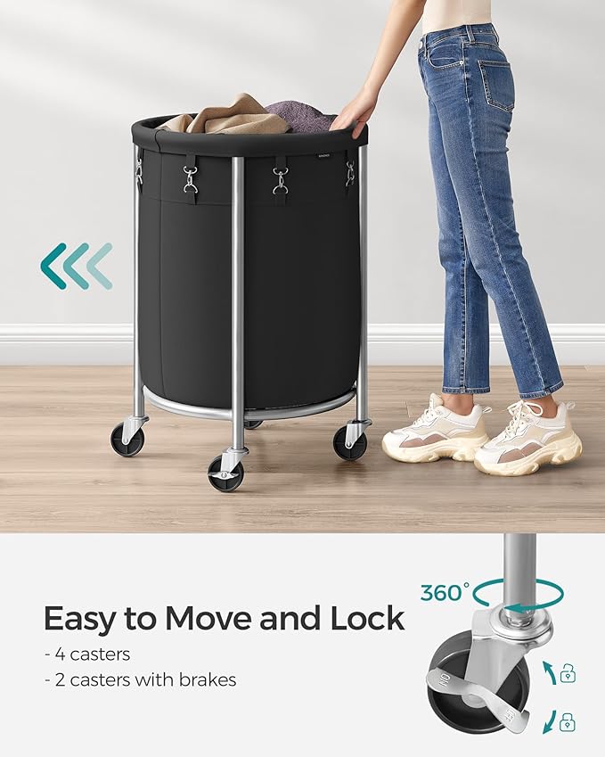 SONGMICS 29-Gallon (110 L) Laundry Basket with Wheels, Rolling Round Heavy-Duty Laundry Hamper Cart with Steel Frame and Removable Bag, 2 Locking Wheels, Ink Black and Metallic Silver URLS002B01