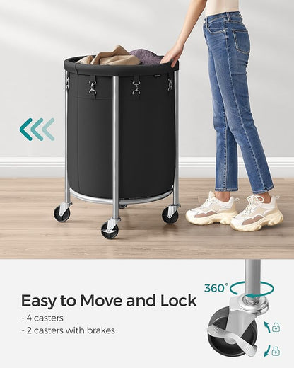SONGMICS 29-Gallon (110 L) Laundry Basket with Wheels, Rolling Round Heavy-Duty Laundry Hamper Cart with Steel Frame and Removable Bag, 2 Locking Wheels, Ink Black and Metallic Silver URLS002B01