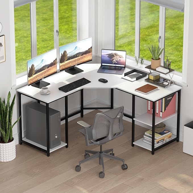 Elephance L-Shaped Desk with Shelves, Computer Corner Desk, Home Office Writing Workstation, Gaming Desk PC Laptop Table with Storage